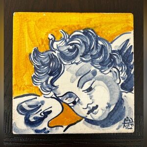 Blue VTG Hand Painted Baroque Cherub or Angel Portuguese Ceramic Tile or Azulejo